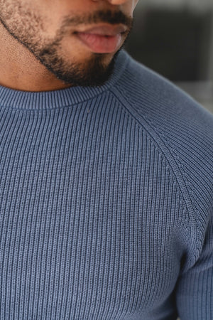 Pure Cotton Knitted Textured Crew Neck Sweater in Airforce Blue - TAILORED ATHLETE - USA