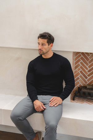 Pure Cotton Knitted Textured Crew Neck Sweater in Black - TAILORED ATHLETE - USA