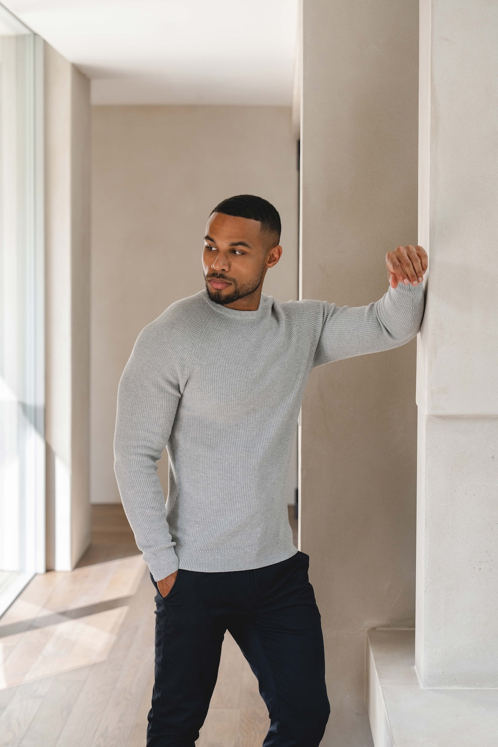 Pure Cotton Knitted Textured Crew Neck Sweater in Silver Grey Marl - TAILORED ATHLETE - USA