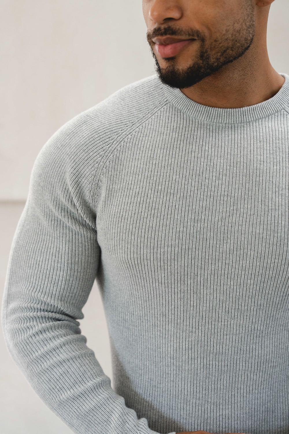 Pure Cotton Knitted Textured Crew Neck Sweater in Silver Grey Marl - TAILORED ATHLETE - USA