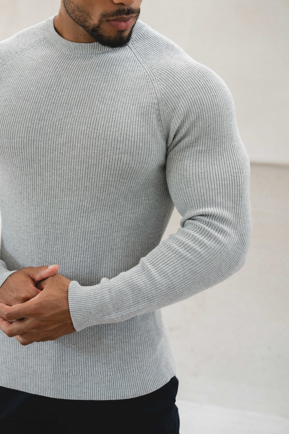 Pure Cotton Knitted Textured Crew Neck Sweater in Silver Grey Marl - TAILORED ATHLETE - USA