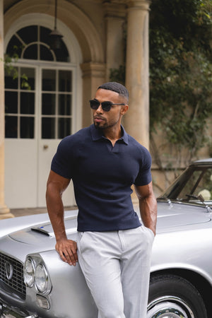 Textured Knitted Open Collar Polo Shirt in Graphite - TAILORED ATHLETE - USA