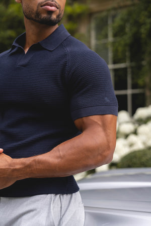 Textured Knitted Open Collar Polo Shirt in Graphite - TAILORED ATHLETE - USA