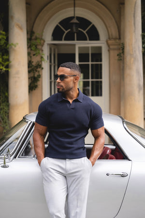Textured Knitted Open Collar Polo Shirt in Graphite - TAILORED ATHLETE - USA