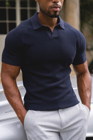 Textured Knitted Open Collar Polo Shirt in Graphite - TAILORED ATHLETE - USA