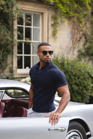 Textured Knitted Open Collar Polo Shirt in Graphite - TAILORED ATHLETE - USA