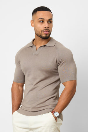 Textured Open Collar Knitted Polo Shirt in Mole - TAILORED ATHLETE - USA