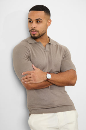 Textured Open Collar Knitted Polo Shirt in Mole - TAILORED ATHLETE - USA