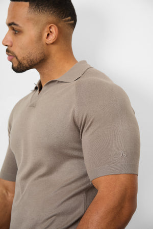 Textured Open Collar Knitted Polo Shirt in Mole - TAILORED ATHLETE - USA