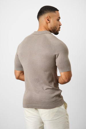 Textured Open Collar Knitted Polo Shirt in Mole - TAILORED ATHLETE - USA