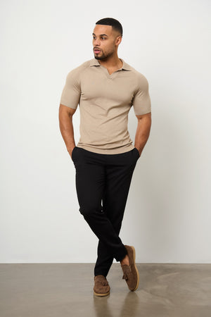 Textured Open Collar Knitted Polo Shirt in Stone - TAILORED ATHLETE - USA