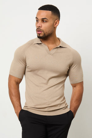 Textured Open Collar Knitted Polo Shirt in Stone - TAILORED ATHLETE - USA