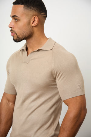 Textured Open Collar Knitted Polo Shirt in Stone - TAILORED ATHLETE - USA