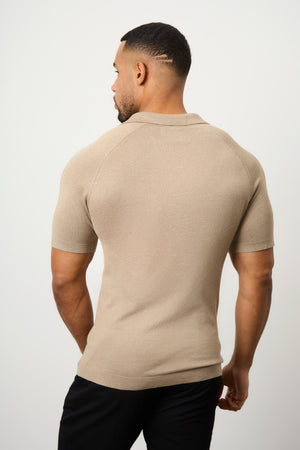 Textured Open Collar Knitted Polo Shirt in Stone - TAILORED ATHLETE - USA