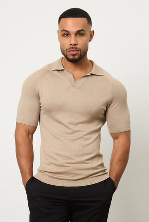 Textured Open Collar Knitted Polo Shirt in Stone - TAILORED ATHLETE - USA