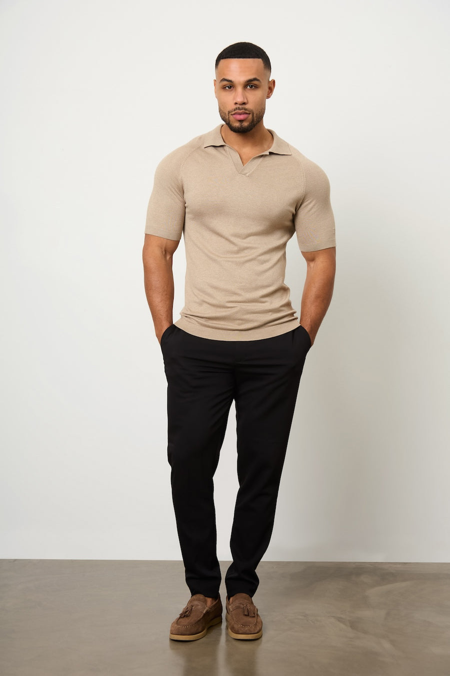 Textured Open Collar Knitted Polo Shirt in Stone - TAILORED ATHLETE - USA