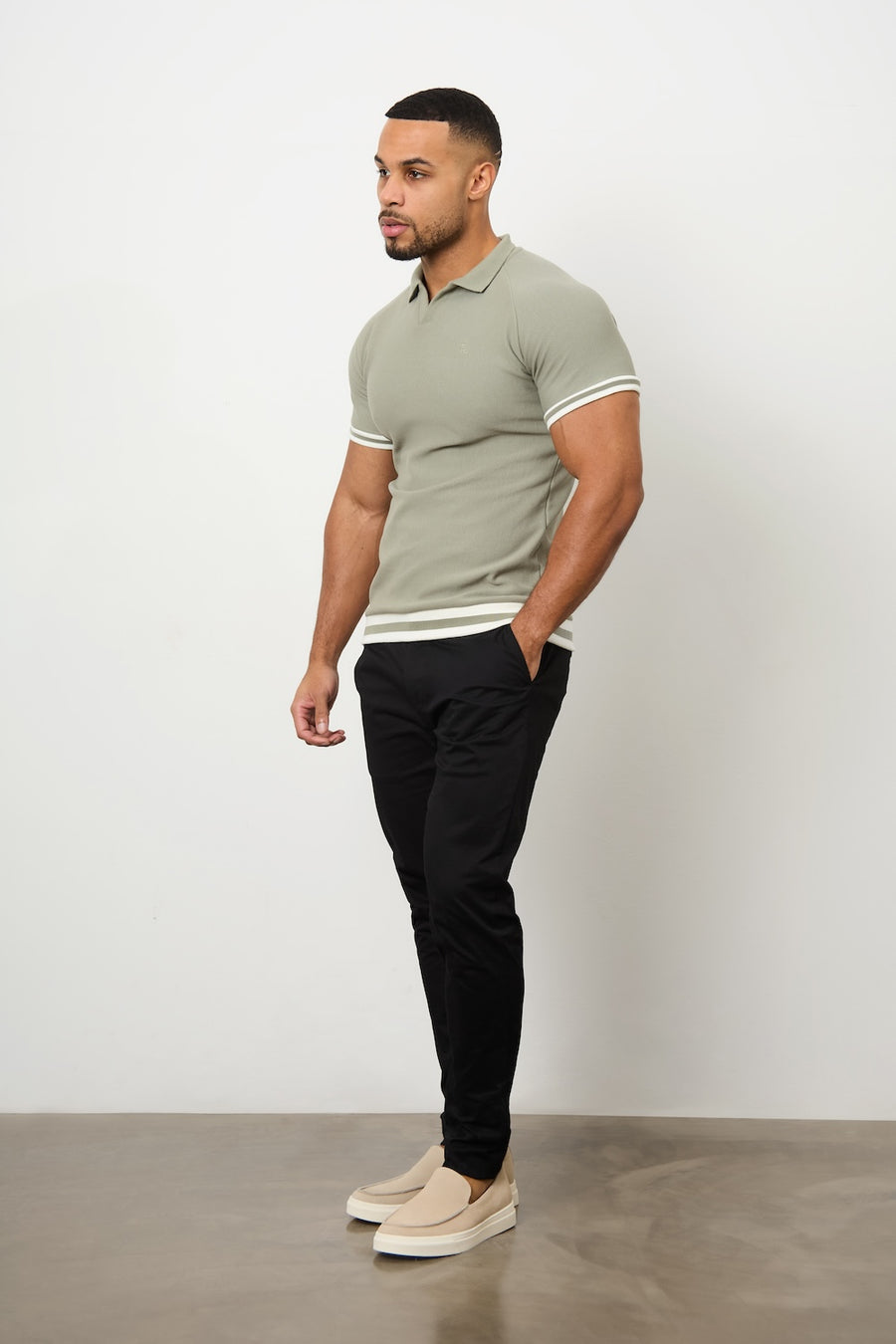 Tipped Textured Open Collar Polo Shirt in Soft Khaki - TAILORED ATHLETE - USA