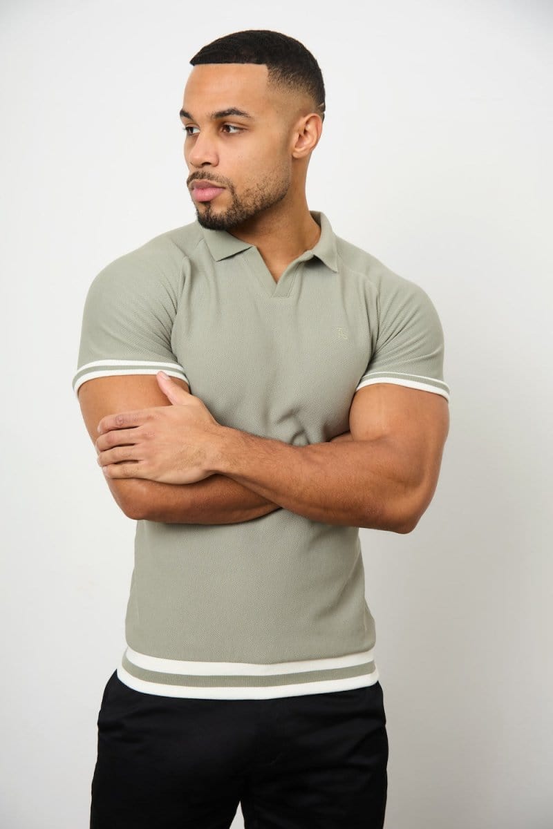 Tipped Textured Open Collar Polo Shirt in Soft Khaki