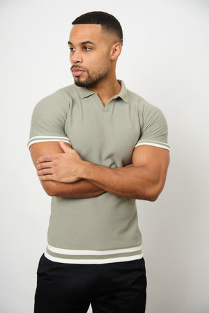 Tipped Textured Open Collar Polo Shirt in Soft Khaki - TAILORED ATHLETE - USA