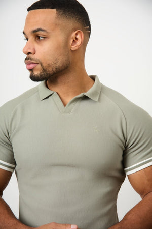 Tipped Textured Open Collar Polo Shirt in Soft Khaki - TAILORED ATHLETE - USA