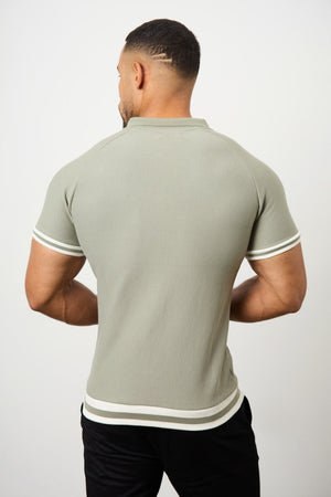 Tipped Textured Open Collar Polo Shirt in Soft Khaki - TAILORED ATHLETE - USA