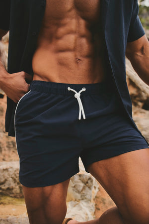 Quick Dry Piped Swim Shorts in Navy - TAILORED ATHLETE - USA
