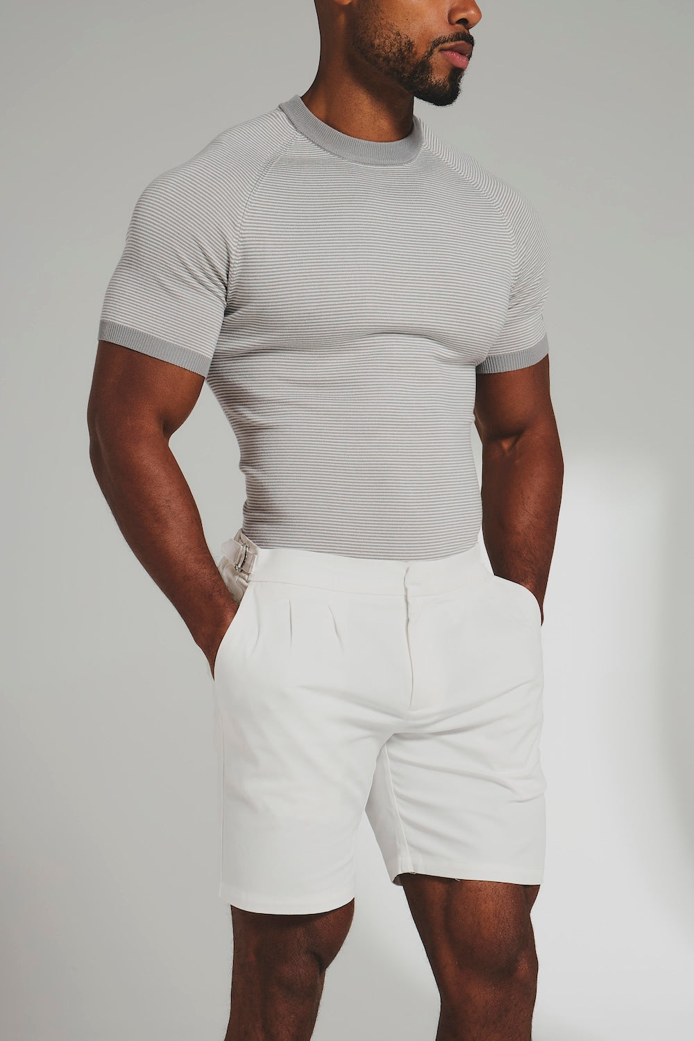 Smart Pleated Cotton Side Adjust Shorts in White