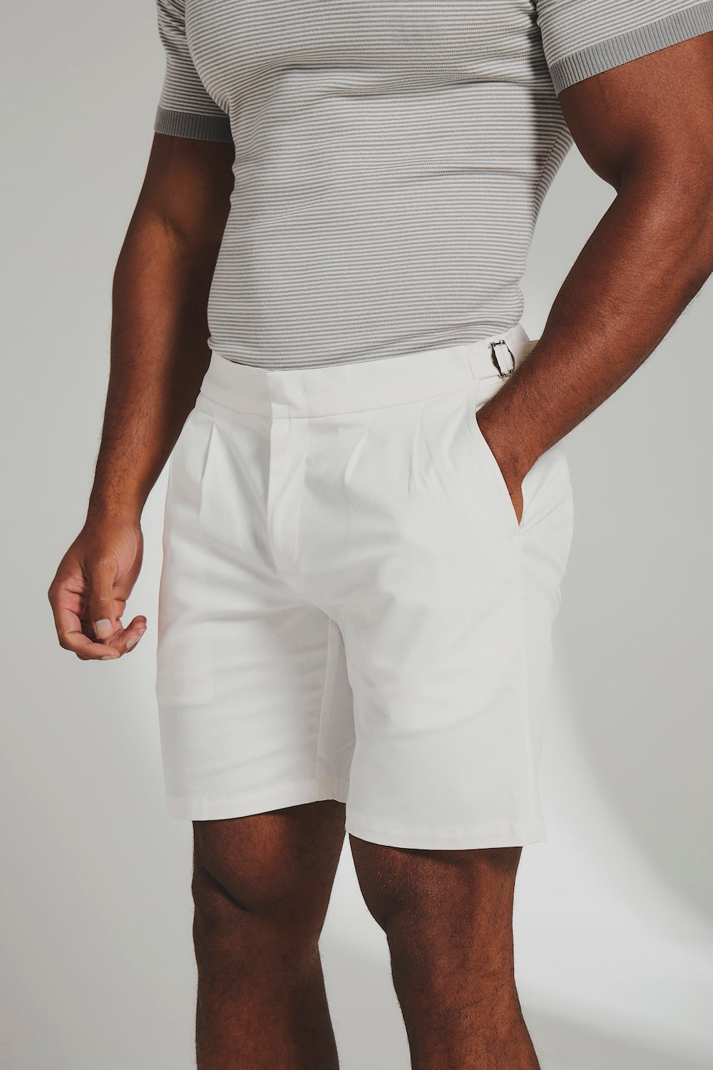 Smart Pleated Cotton Side Adjust Shorts in White