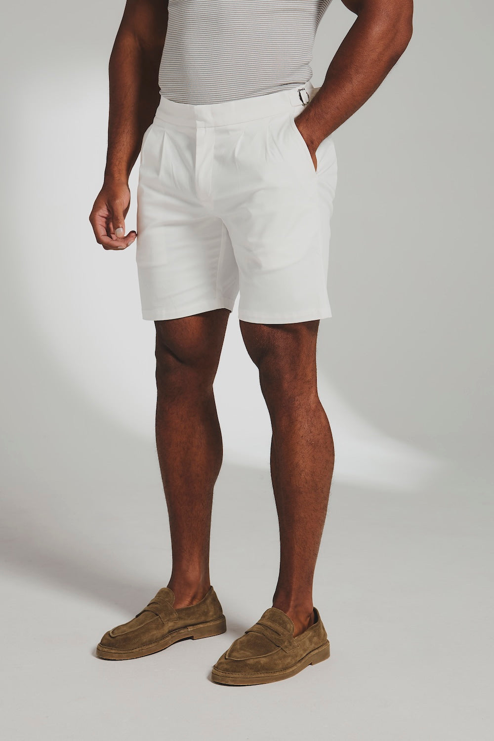 Smart Pleated Cotton Side Adjust Shorts in White