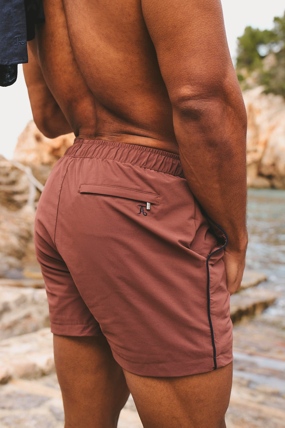 Quick Dry Piped Swim Shorts in Terracotta and Navy - TAILORED ATHLETE - USA