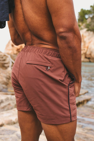 Quick Dry Piped Swim Shorts in Terracotta and Navy - TAILORED ATHLETE - USA