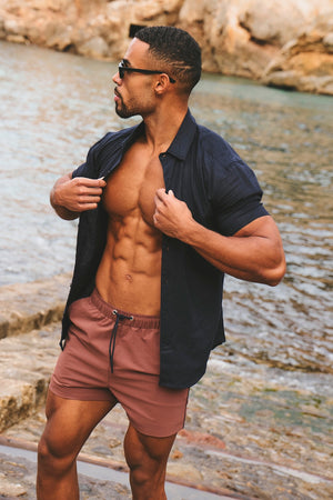 Quick Dry Piped Swim Shorts in Terracotta and Navy - TAILORED ATHLETE - USA