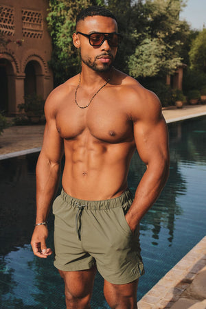 Quick Dry Seersucker Stripe Swim Short in Khaki - TAILORED ATHLETE - USA