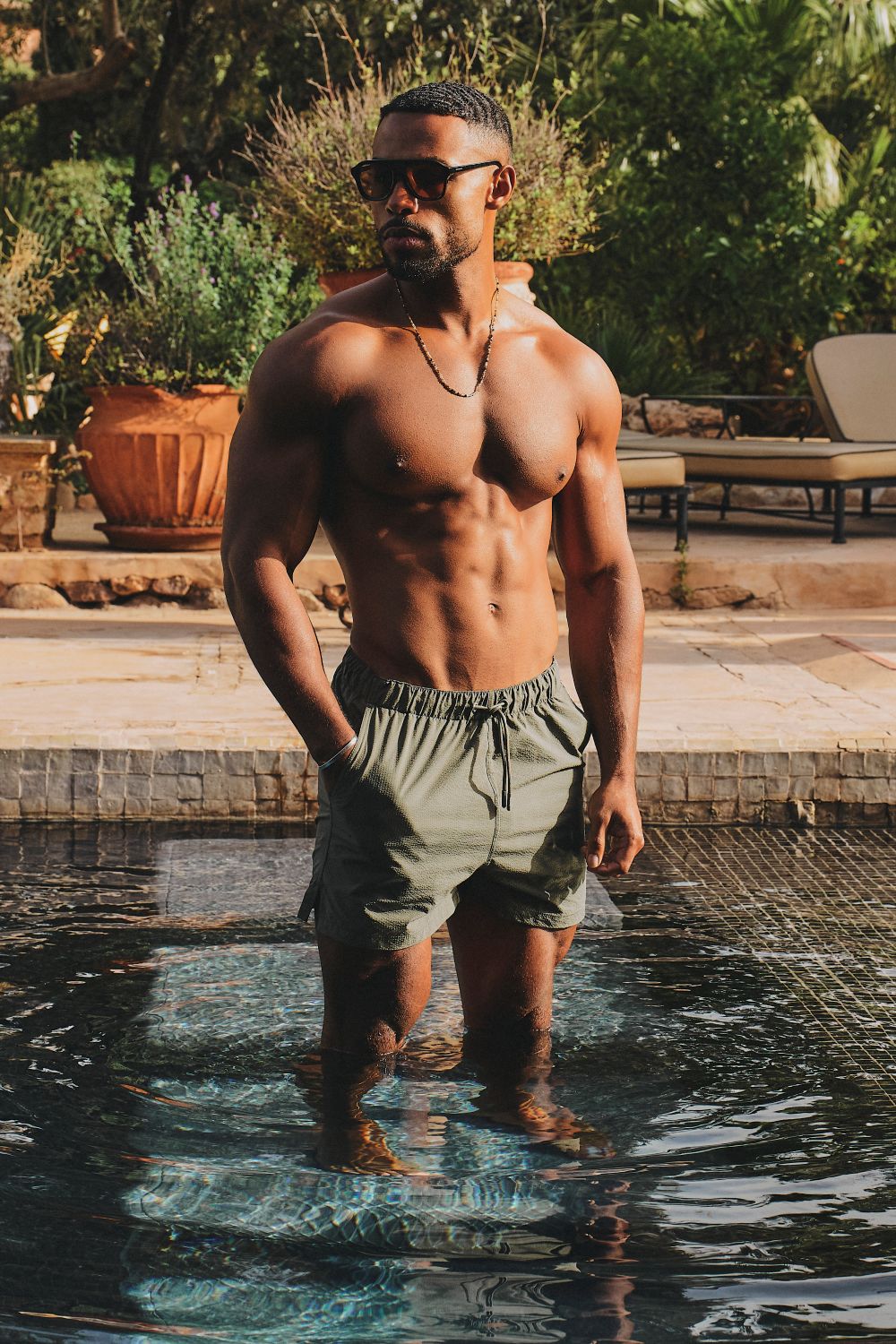 Quick Dry Seersucker Stripe Swim Short in Khaki - TAILORED ATHLETE - USA