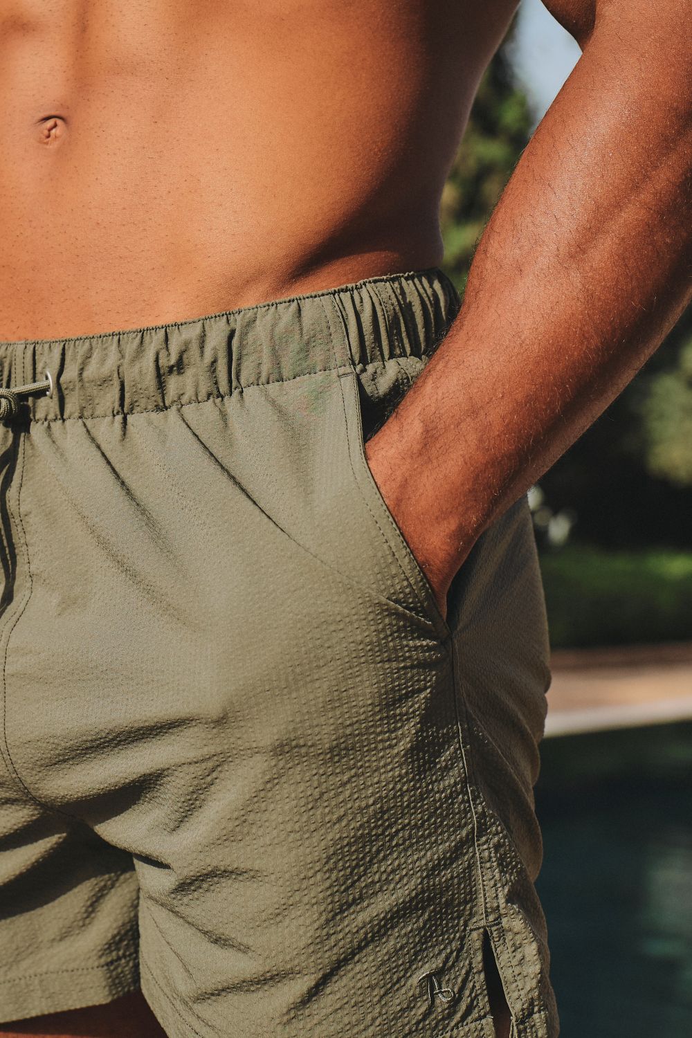 Quick Dry Seersucker Stripe Swim Short in Khaki - TAILORED ATHLETE - USA