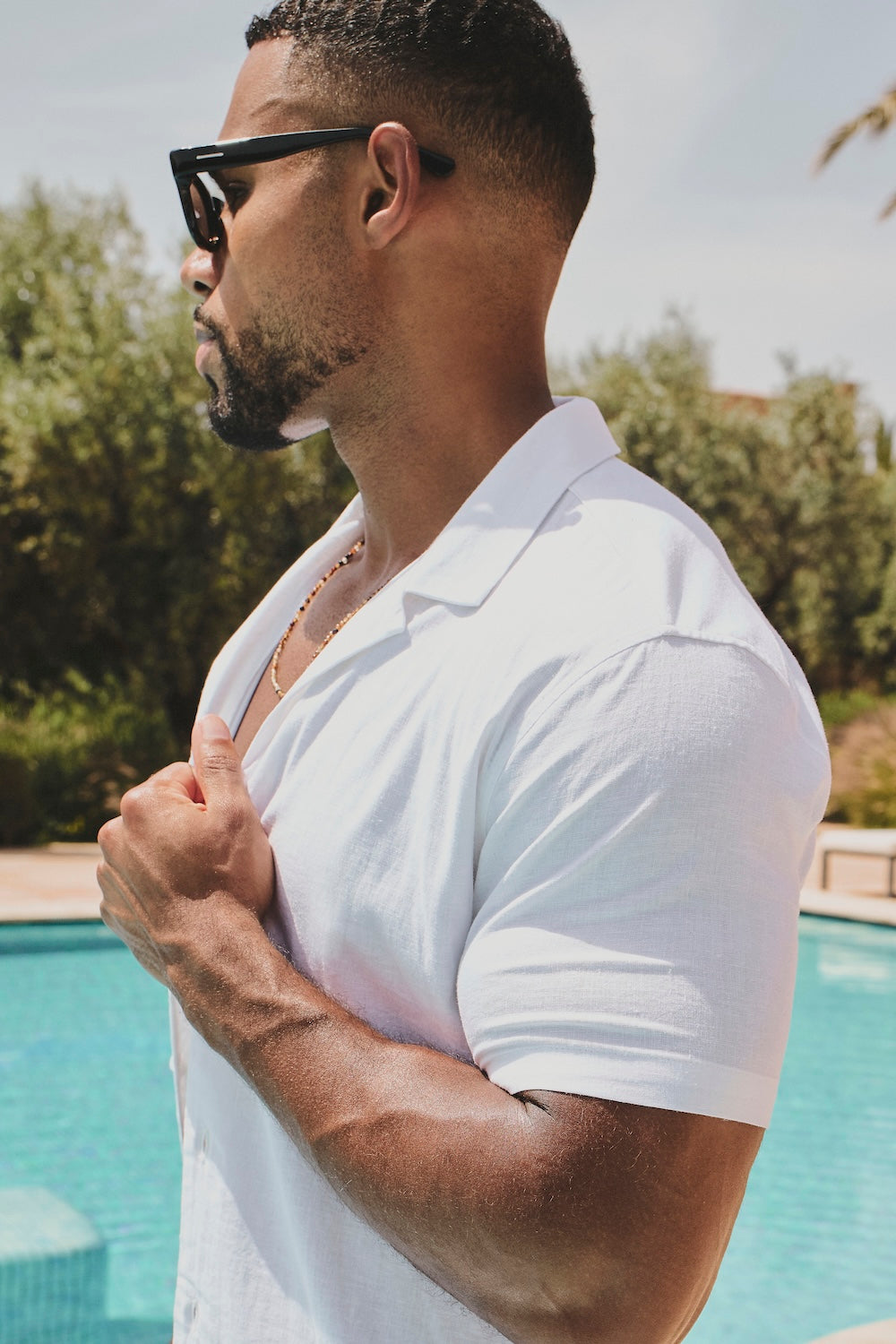 Stretch Linen Blend Cuban Collar Shirt in White