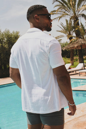 Stretch Linen Blend Cuban Collar Shirt in White