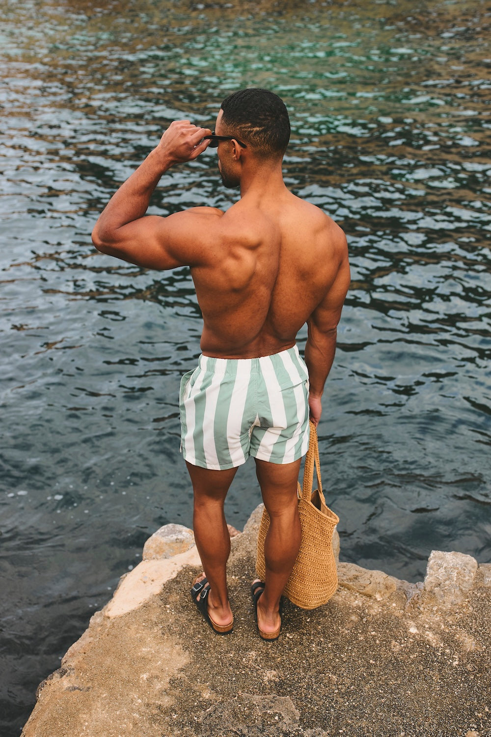 Quick Dry Printed Bold Stripe Swim Shorts in Sage/Off-White - TAILORED ATHLETE - USA