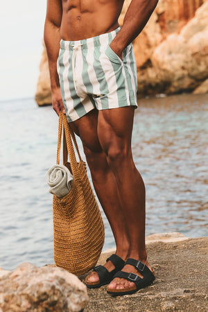 Quick Dry Printed Bold Stripe Swim Shorts in Sage/Off-White - TAILORED ATHLETE - USA