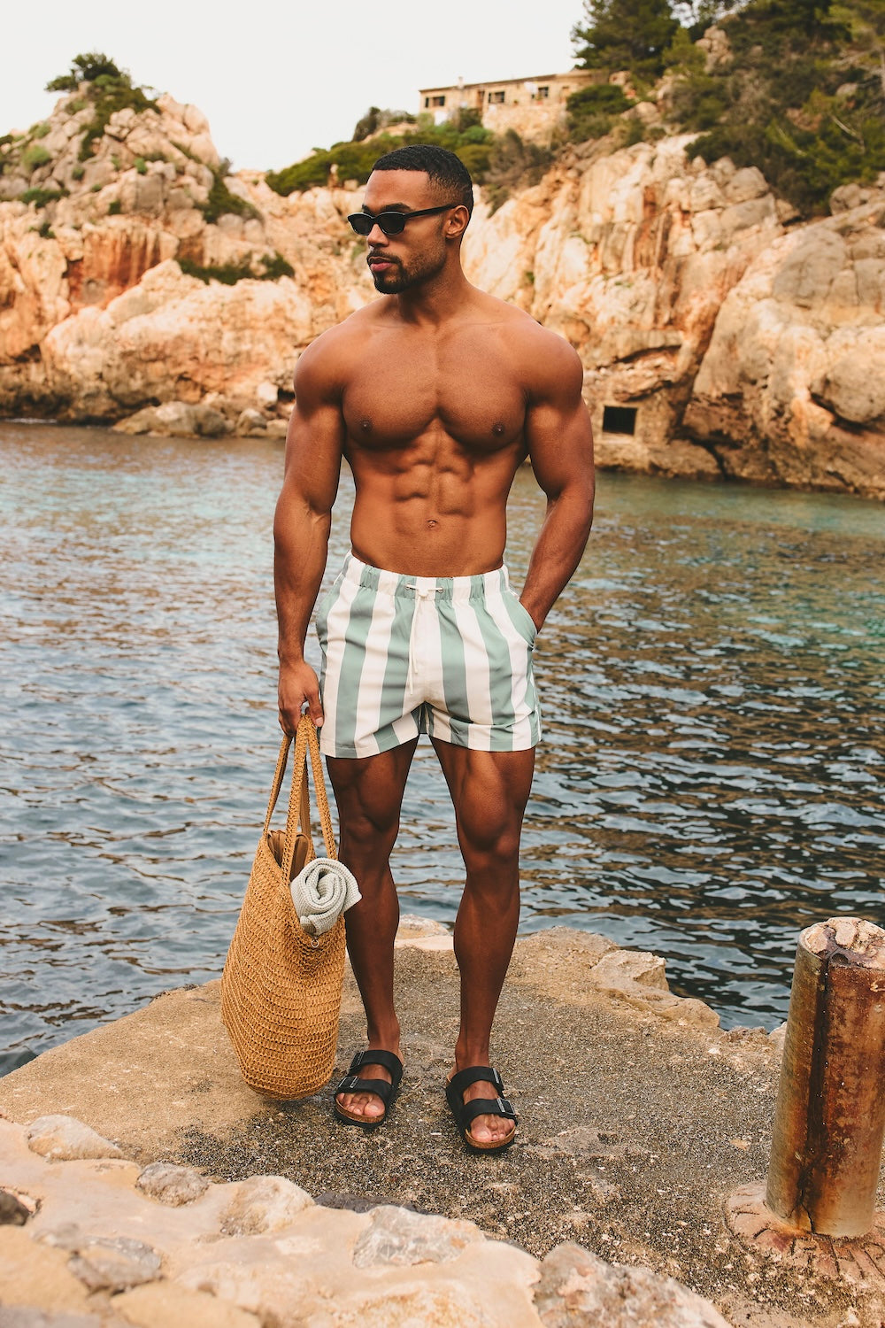 Quick Dry Printed Bold Stripe Swim Shorts in Sage/Off-White - TAILORED ATHLETE - USA