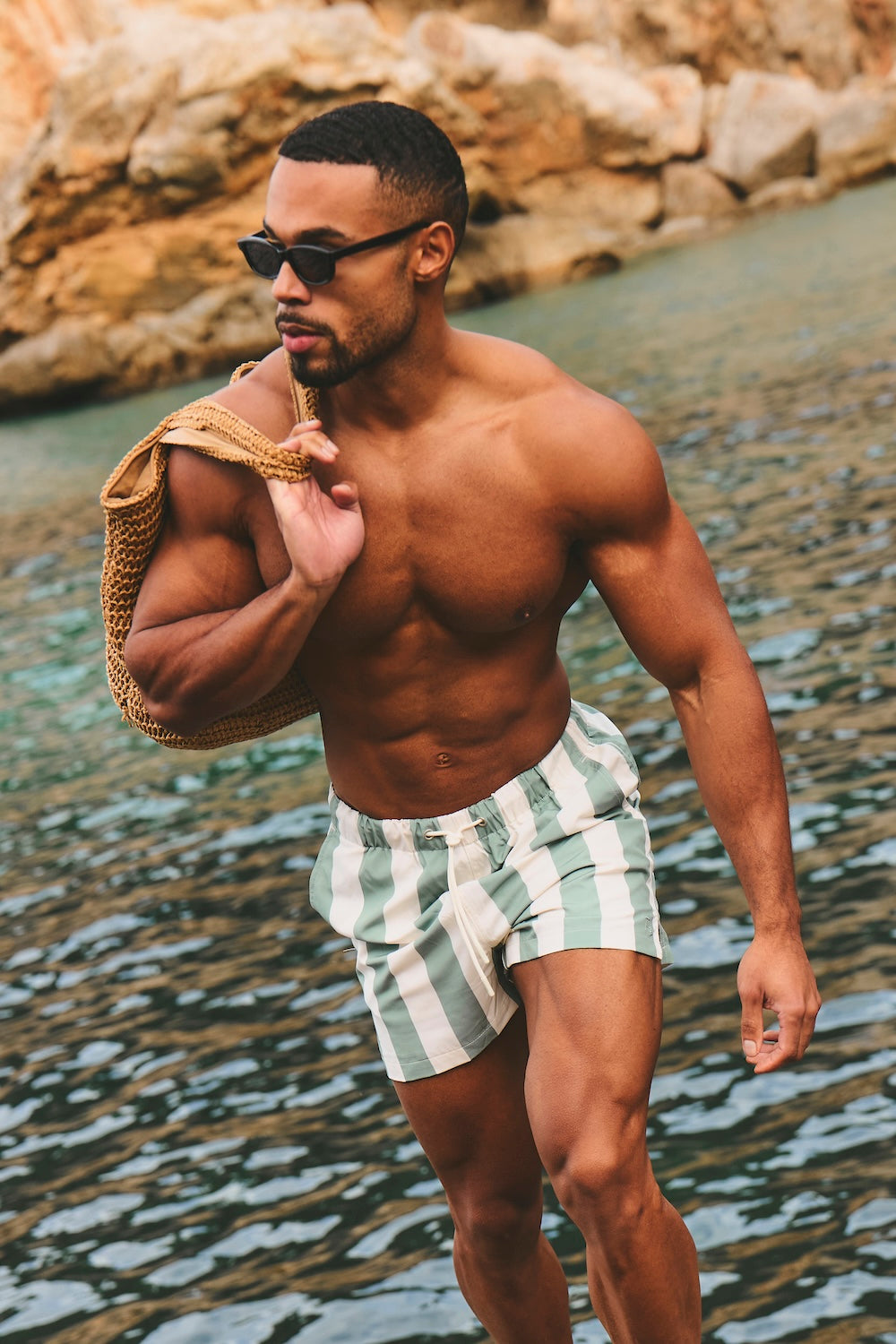 Quick Dry Printed Bold Stripe Swim Shorts in Sage/Off-White - TAILORED ATHLETE - USA