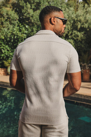 Textured Geo Cuban Collar Shirt in White and Stone - TAILORED ATHLETE - USA