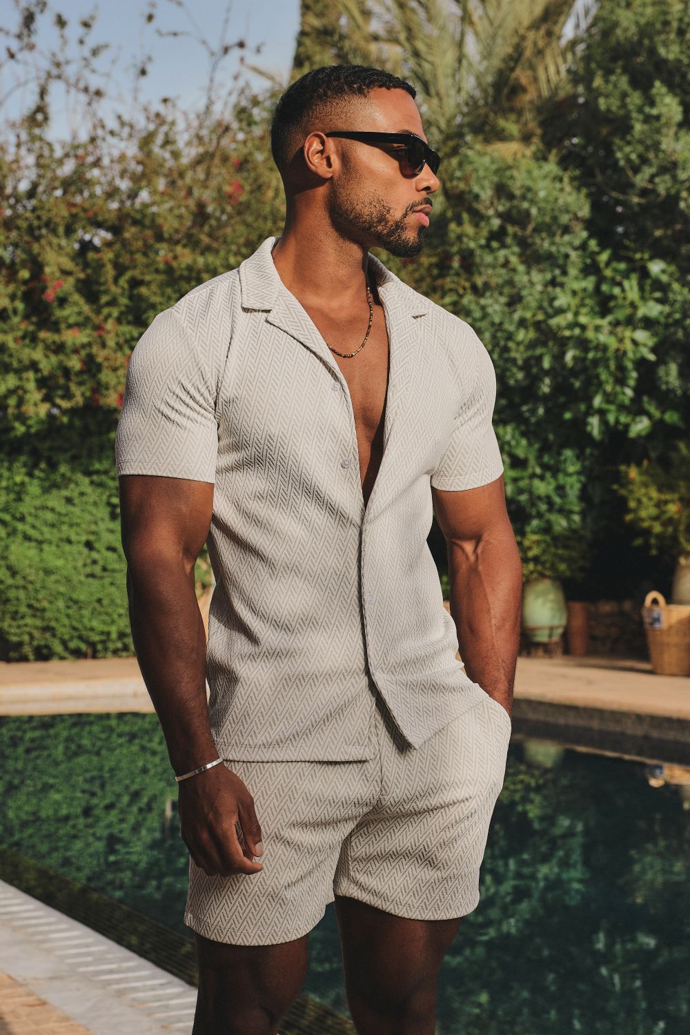 Textured Geo Cuban Collar Shirt in White and Stone - TAILORED ATHLETE - USA