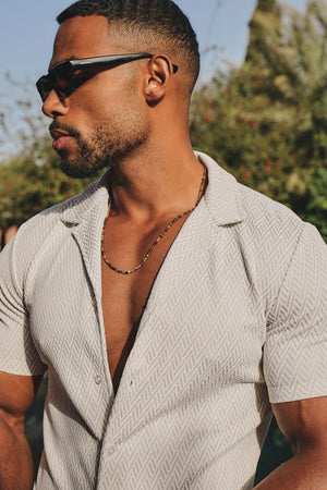 Textured Geo Cuban Collar Shirt in White and Stone - TAILORED ATHLETE - USA
