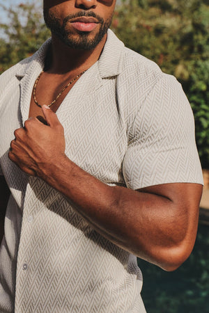 Textured Geo Cuban Collar Shirt in White and Stone - TAILORED ATHLETE - USA
