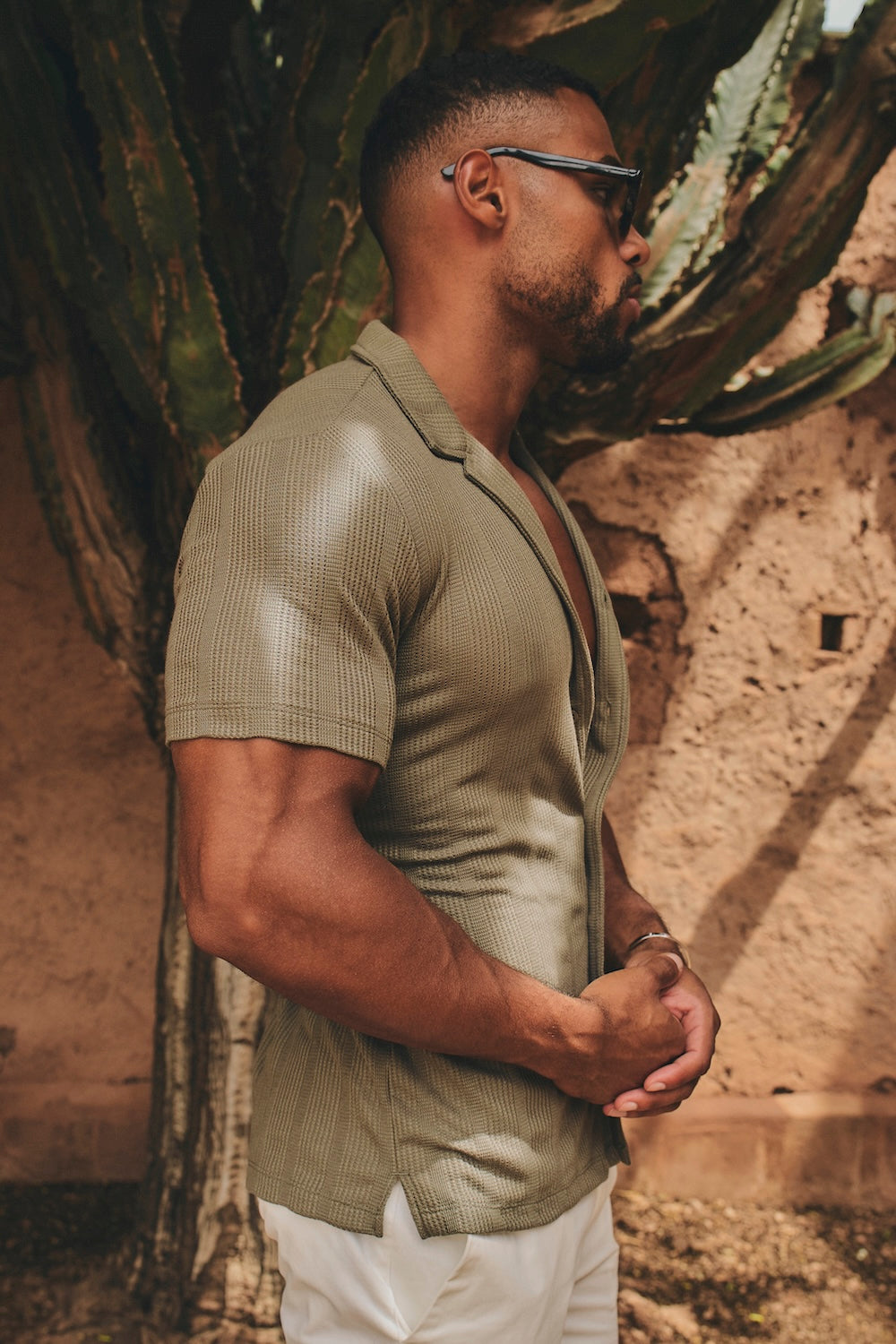 Waffle Textured Striped Cuban Collar Shirt in Khaki - TAILORED ATHLETE - USA