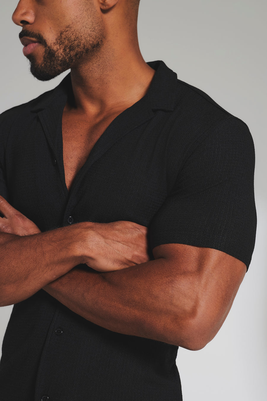 Textured Cuban Collar Shirt in Black