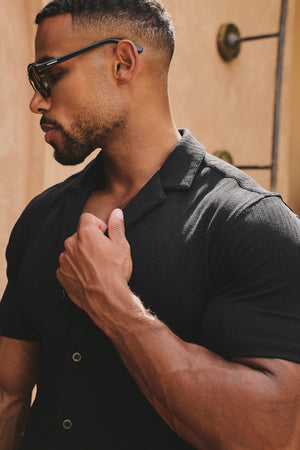 Linear Textured Cuban Collar Shirt in Black