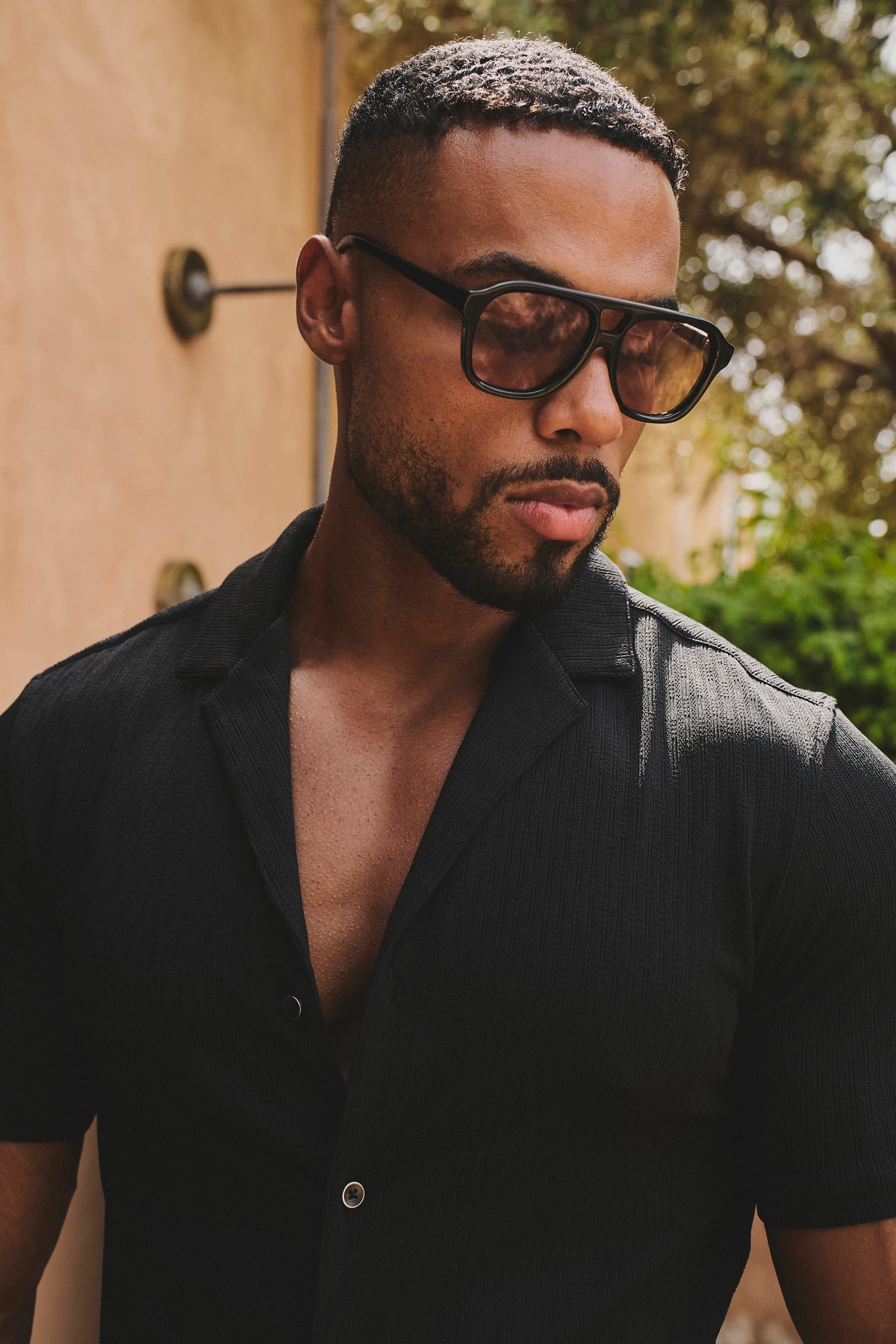 Linear Textured Cuban Collar Shirt in Black