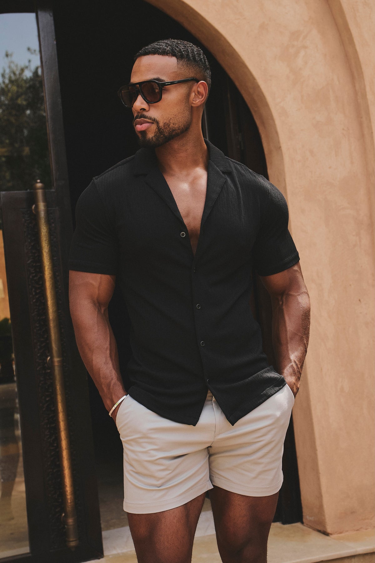 Linear Textured Cuban Collar Shirt in Black
